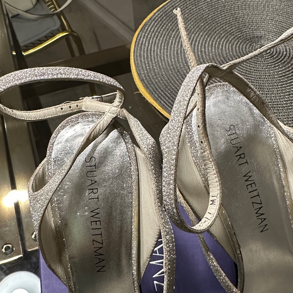 Stuart Weitzman Silver Glitter Open-Strap Slingba… - image 5
